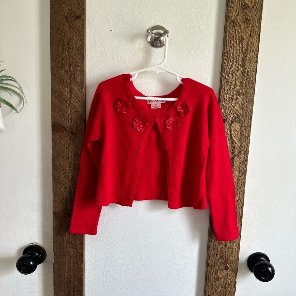 Girls Floral Ribbon Embellished Ultra Soft Red Elegant Cardigan Medium 5/6